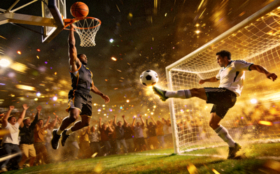 合成图片展示篮球与足球在同一画面中的精彩瞬间，象征双线狂欢