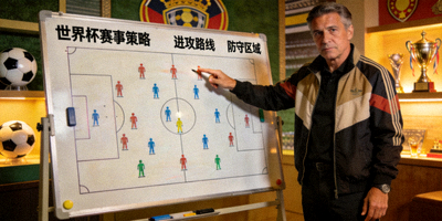 教练在战术板前布置战术，分析世界杯赛事策略