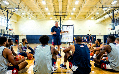 美国国家男子篮球队赛前训练场景 - 球员进行战术演练