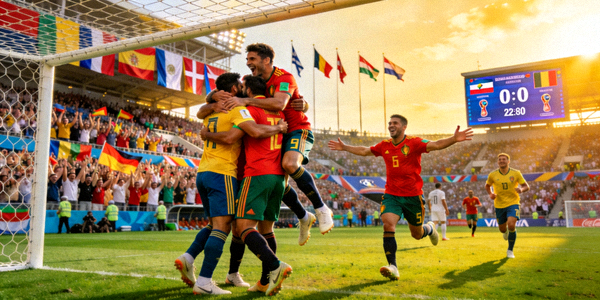 足球世界杯赛场上球员进球后与队友热烈庆祝的激动人心场面