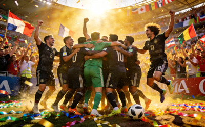 足球世界杯球队晋级后全体队员围在一起激情庆祝的团队画面