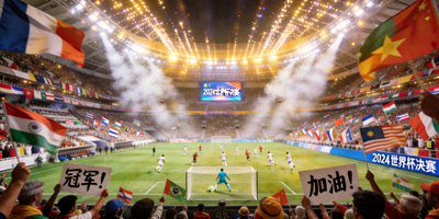 足球世界杯决赛现场盛况 - 体育场内座无虚席，灯光璀璨，球迷热情高涨