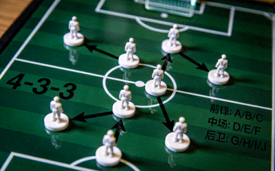 足球战术板特写，展示教练布置的阵型与跑位路线
