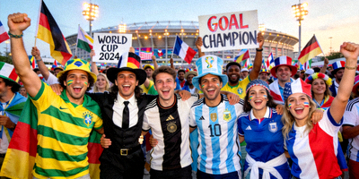 各国球迷在世界杯赛场外身着特色服装欢庆的场景