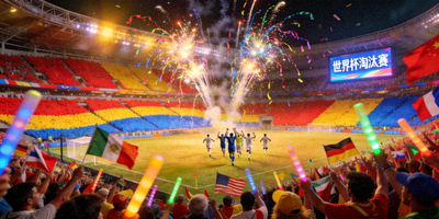 足球世界杯淘汰赛阶段，座无虚席的体育场与热烈氛围