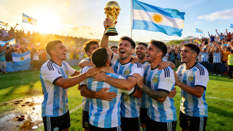 足球世界杯历史荣耀时刻 - 阿根廷队夺冠后球员们激动相拥