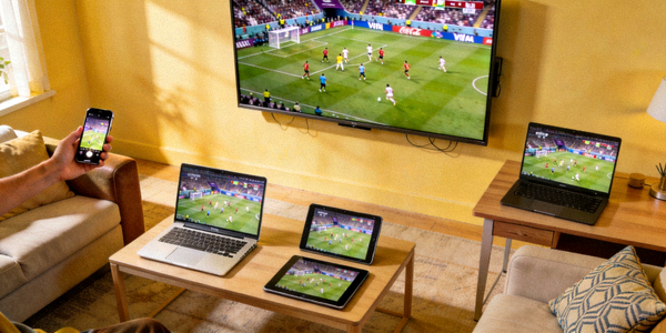 多种观赛方式展示：电视、手机、电脑、平板同时播放比赛