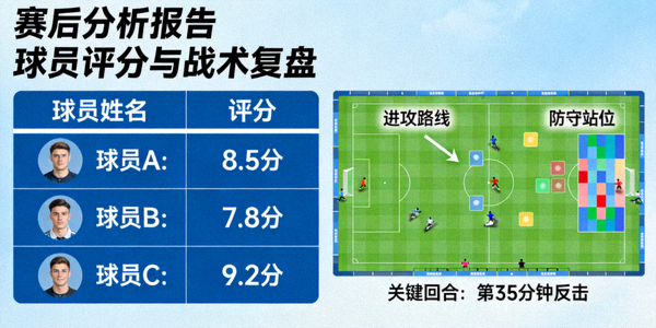 赛后分析报告图表，包含球员评分、战术复盘等内容