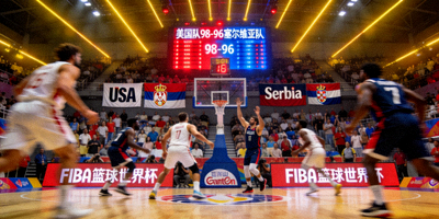 篮球世界杯小组赛比赛现场，记分牌显示激烈比分